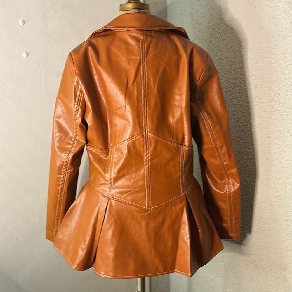 Pressed Brown Zip Up Peplum PU Jacket Swing Coat XL Boho Indie Rocker Glam Retro - Picture 2 of 12
